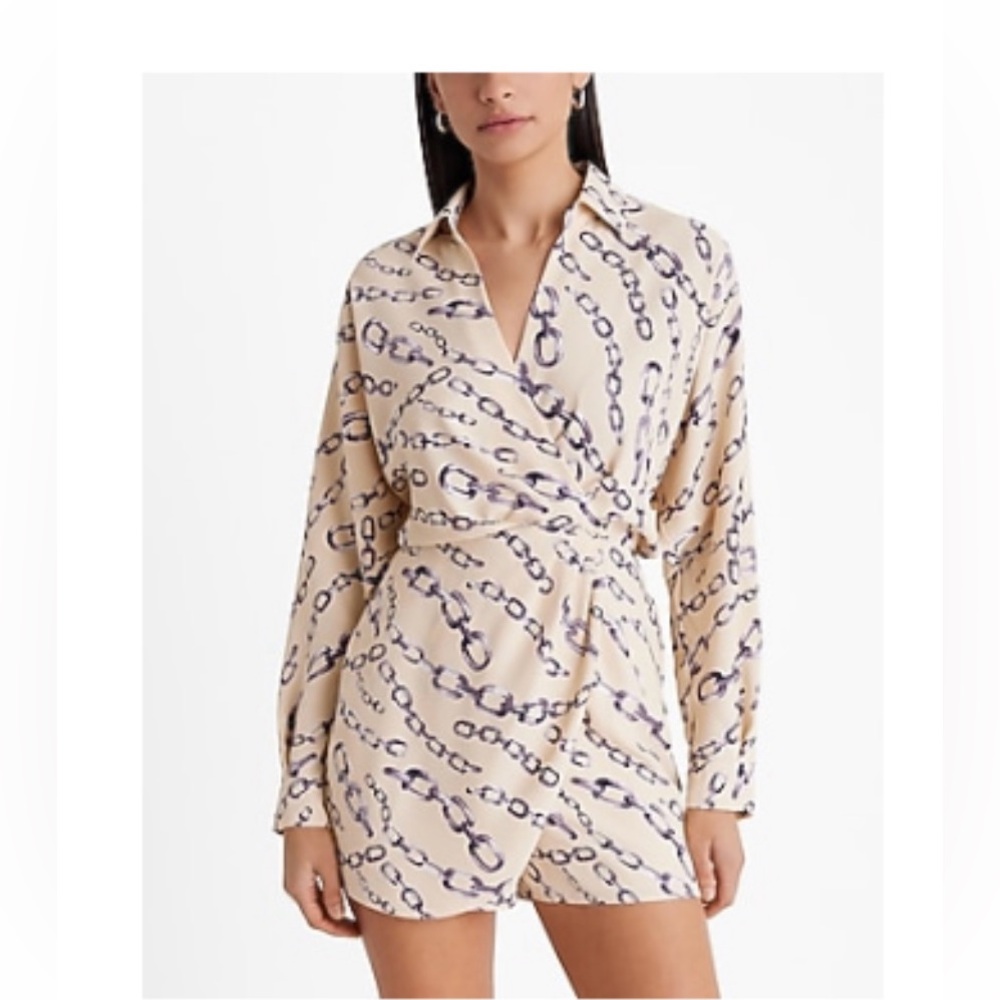 Express Chain Print Wrap Romper - Cream and Purple